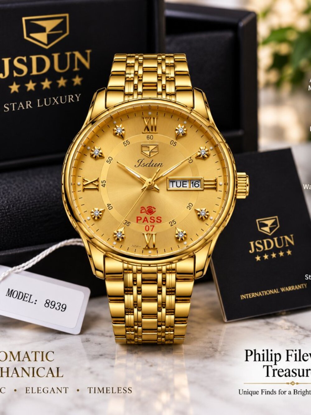 WA-33--JSDUN 8939 Men's Automatic Mechanical Gold Tone Luxury Watch 40mm